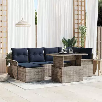 vidaXL Gartenlounge-Set 7-tlg. mit Kissen, Poly-Rattan, Grau (3348321)