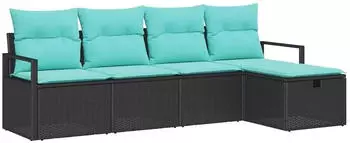 vidaXL Sofa-Set mit Kissen 5-tlg. Poly-Rattan Schwarz/T&uuml;rkis (3359165)