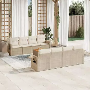 vidaXL Garten-Sofagarnitur 9-tlg. mit Kissen Beige Poly Rattan (3224483)