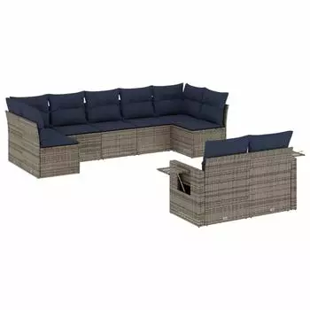 vidaXL Gartensofa-Set 9-teilig mit Kissen, Polyrattan, Grau (3220620)