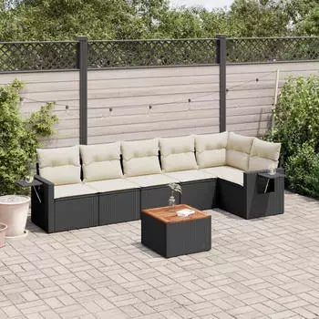 vidaXL Garten-Sofagarnitur mit Kissen 7-tlg. Schwarz Poly Rattan (3224586)