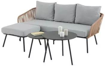 Idimex Mykonos Gartenlounge-Set Dreisitzer, Hocker & Beistelltisch, braun/grau
