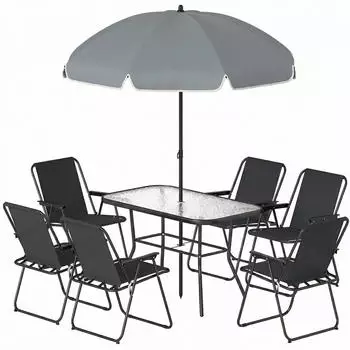 Outsunny Garten-Essgruppe 6 Klappstühle, Tisch aus Hartglas & Sonnenschirm (84G-968V00BK)