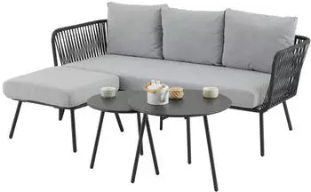 Caro M&ouml;bel Mykonos Gartenlounge-Set Dreisitzer mit Hocker & Beistelltisch, schwarz/grau, Metall (Mykonos)