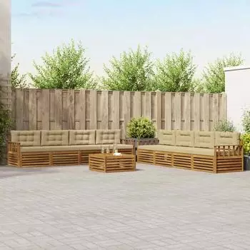 vidaXL Outdoor-Sofagarnitur mit Kissen 9-teilig, Natur/Beige (3373213)