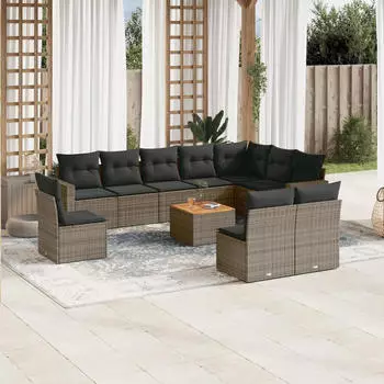 vidaXL Garten-Sofagarnitur 11-tlg. mit Kissen Grau Poly Rattan (3224177)