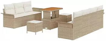 vidaXL Garten-Sofa-Set 10-teilig mit Kissen, Poly-Rattan/Akazie, Beige (3364051)