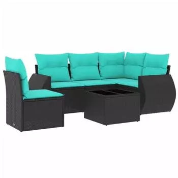 vidaXL Gartensofa-Set 6-teilig mit Kissen, Polyrattan Schwarz (3221376)