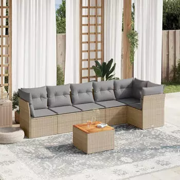 vidaXL Garten-Sofagarnitur 7-tlg. mit Kissen, Poly Rattan, Beige (3255981)