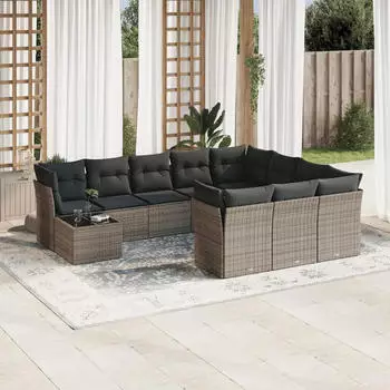 vidaXL Garten-Sofagarnitur 11-tlg. mit Kissen Poly Rattan Grau (3250099)