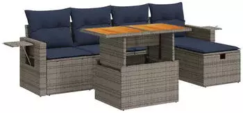 vidaXL Garten-Sofagarnitur 6-tlg. mit Kissen, Poly Rattan & Akazie, Grau (3328027)