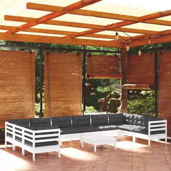 vidaXL Garten-Lounge-Set mit Kissen, 11-tlg., Kiefernholz, Wei&szlig; (3097338)