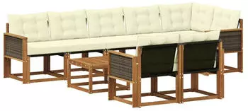 vidaXL Outdoor-Sofagarnitur mit Kissen, 9-tlg., Natur/Creme (3382042)