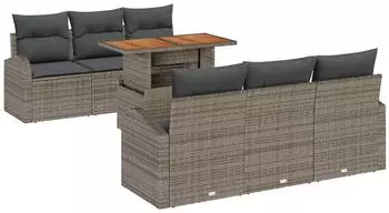 vidaXL Garten-Sofa-Set mit Kissen 7-tlg., Poly Rattan & Akazie, Grau (3349530)