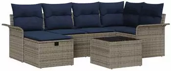 vidaXL Gartensofa-Set mit Kissen 7-tlg. Poly-Rattan Grau/Marineblau (3358894)