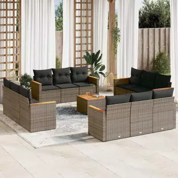 vidaXL Garten-Sofagarnitur 12-tlg. mit Kissen, Poly Rattan, Schwarz (3258233)