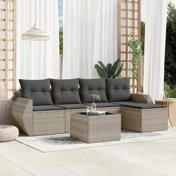 vidaXL Garten-Sofagarnitur 6-tlg. mit Kissen, Poly Rattan, Grau (3221299)