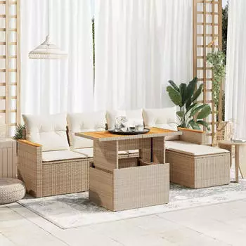 vidaXL Garten-Sofagarnitur 6-tlg. mit Kissen Poly Rattan Akazie Beige (3327474)