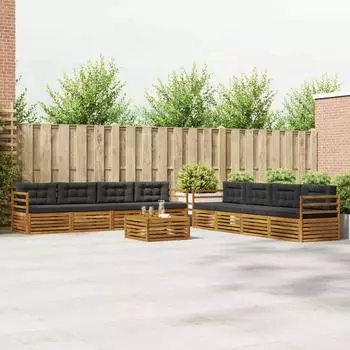 vidaXL Outdoor-Sofagarnitur 9-tlg. mit Kissen, Natur & Anthrazit (3373202)