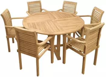 Endorphin Gartenm&ouml;bel Set 7-teilig Teakholz, Tisch rund 140cm, 6 St&uuml;hle stapelbar