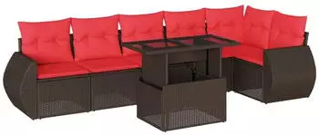vidaXL Gartensofa-Set 7-teilig mit Kissen, Polyrattan, Braun (3268554)