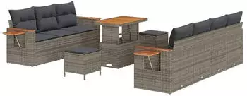 vidaXL Garten-Sofa-Set mit Kissen, 10-teilig, Poly-Rattan/Akazie, Grau (3363143)