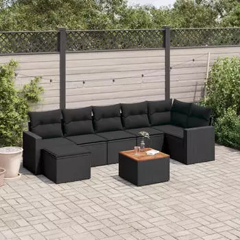 vidaXL Garten-Sofagarnitur 8-tlg. mit Kissen, Poly Rattan, Schwarz (3256559)