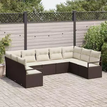 vidaXL Sofa-Set mit Kissen 9-teilig, Braunes Poly-Rattan