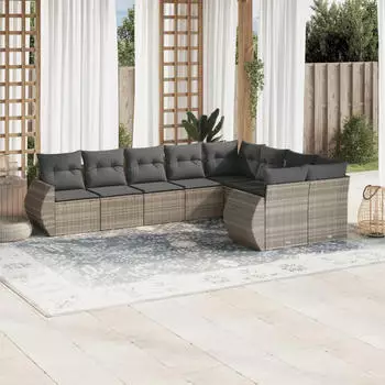 vidaXL Garten-Sofagarnitur mit Kissen, 10-tlg., Poly Rattan, Grau (3221849)