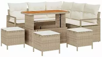 vidaXL Garten-Sofa-Set mit Kissen und Stauraum, 9-teilig, Beige, Poly Rattan/Akazie (3364481)