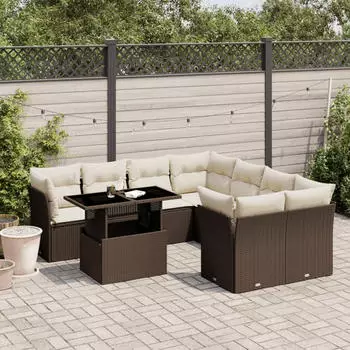 vidaXL Garten-Sofagarnitur 9-tlg. mit Kissen, Poly Rattan, Beige (3326130)