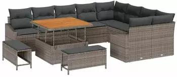 vidaXL Gartensofa-Set 12-teilig mit Kissen, Poly Rattan/Akazie, Grau (3364638)