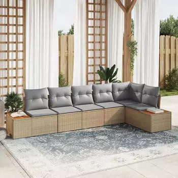 vidaXL Garten-Sofa-Set 6-teilig mit Kissen, Poly Rattan/Akazie, Beige (3348096)