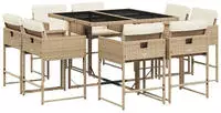 vidaXL 9-tlg. Garten-Essgruppe mit Kissen Beige Poly Rattan