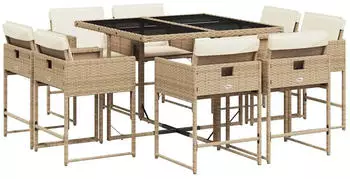 vidaXL Garten-Essgruppe 9-tlg. Poly Rattan mit Kissen, Beige (3211378)