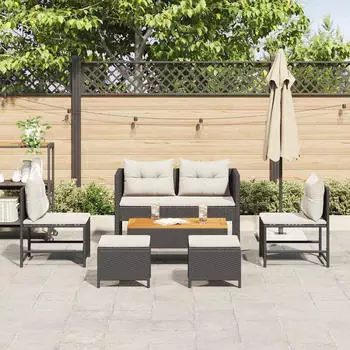 vidaXL Gartensofa-Set 6-tlg. Poly-Rattan Schwarz/Creme mit Kissen (4104699)