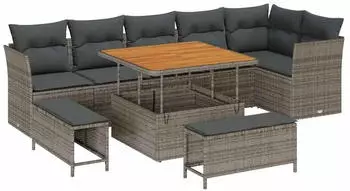 vidaXL Garten-Sofagarnitur H&ouml;henverstellbar 9-tlg. Grau Polyrattan (3361498)