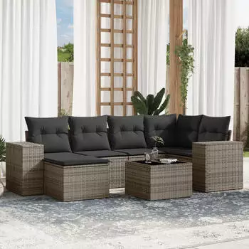 vidaXL Garten-Sofagarnitur 6-tlg. mit Kissen, Poly Rattan, Grau (3255197)