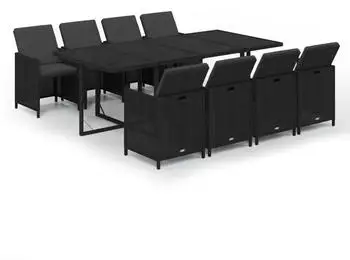 vidaXL Garten-Essgruppe 9-tlg. mit Kissen, Poly Rattan, Schwarz (3095558)