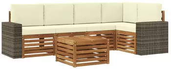 vidaXL Ecksofa-Set mit Kissen, 6-tlg., Akazien-Massivholz, Natur/Creme (3384396)