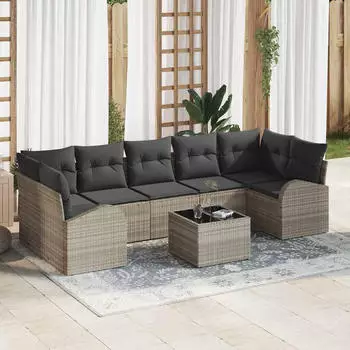 vidaXL Garten-Sofagarnitur 8-tlg. mit Kissen Poly Rattan Hellgrau 55x55x37cm