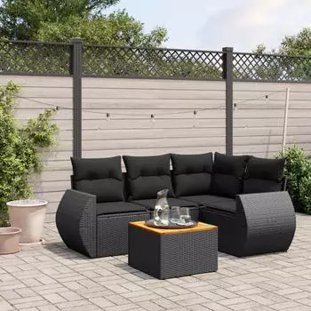 vidaXL Garten-Sofagarnitur 5-tlg. mit Kissen, Poly Rattan, Schwarz (3257315)