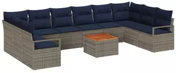 vidaXL Gartenlounge-Set mit Kissen 11-tlg., Grau, Poly-Rattan (3347759)