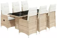 vidaXL 7-tlg. Garten-Bistro-Set mit Kissen Beige Poly Rattan