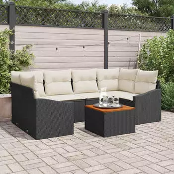 vidaXL Garten-Sofa-Set mit Kissen 7-tlg. Poly-Rattan Schwarz (3347782)