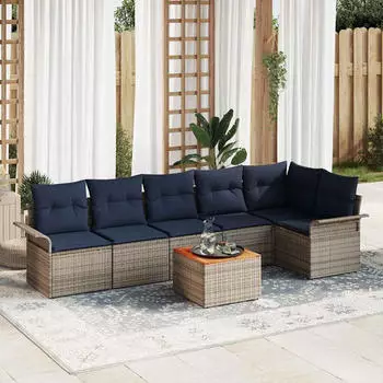 vidaXL Gartenlounge-Set 7-tlg. mit Kissen, Poly-Rattan, Grau (3347339)