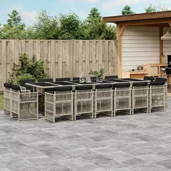 vidaXL Garten-Essgruppe 15-tlg. mit Kissen, Poly Rattan, Hellgrau (3211055)