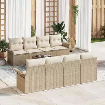 vidaXL Gartenlounge-Set 9-teilig mit Kissen, Poly-Rattan, Beige