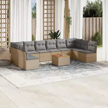 vidaXL Garten-Sofagarnitur 11-tlg. mit Kissen Poly Rattan Beige (3256128)