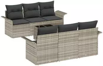 vidaXL Garten-Sofaset 7-tlg. Polyrattan, hellgrau/dunkelgrau, mit Kissen